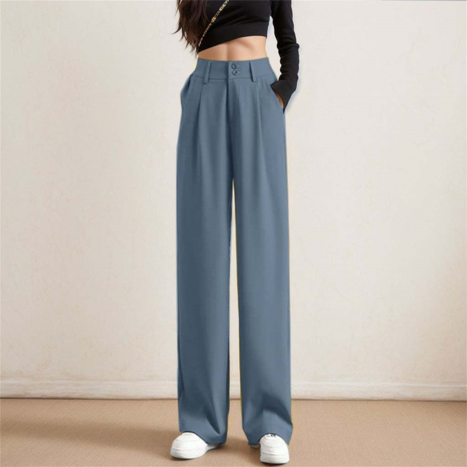 thumbnail image 4 of Pantalones de mujer de cintura alta y pierna ancha - Pantalones de trabajo elásticos por detrás para el verano, 4 of 5